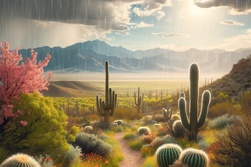 New Mexico landscape with rain and flowers